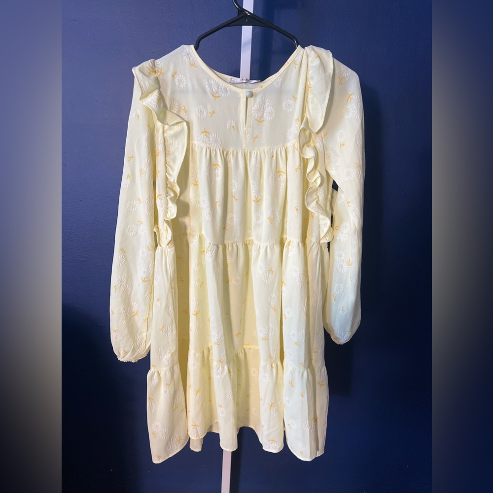 Loreen Womens Ruffled Front Long Sleeve Yellow Floral medi Dress M(42)Cottage